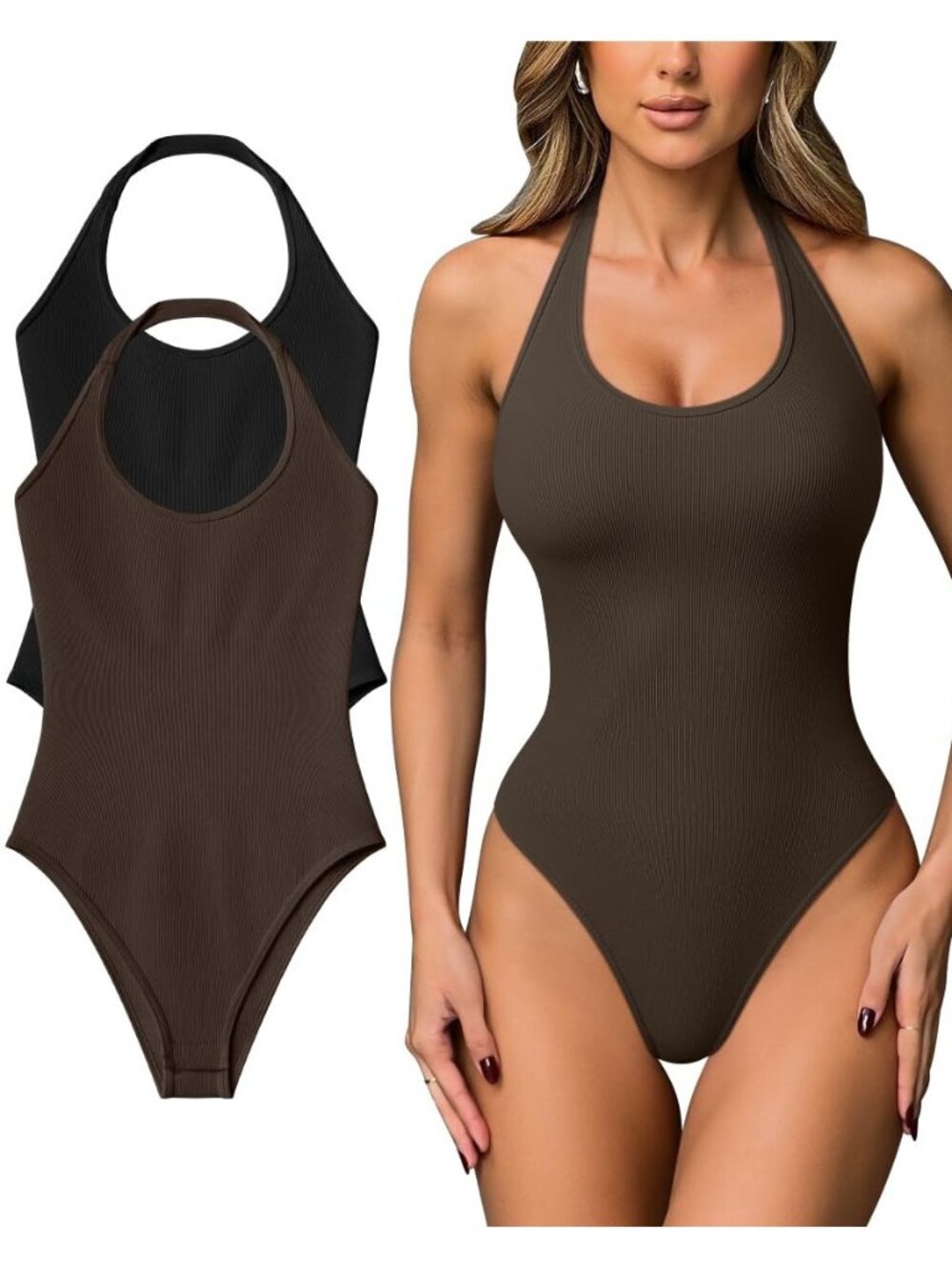 Women Halter Neck Bodysuits 2 Pack Going Out Tops